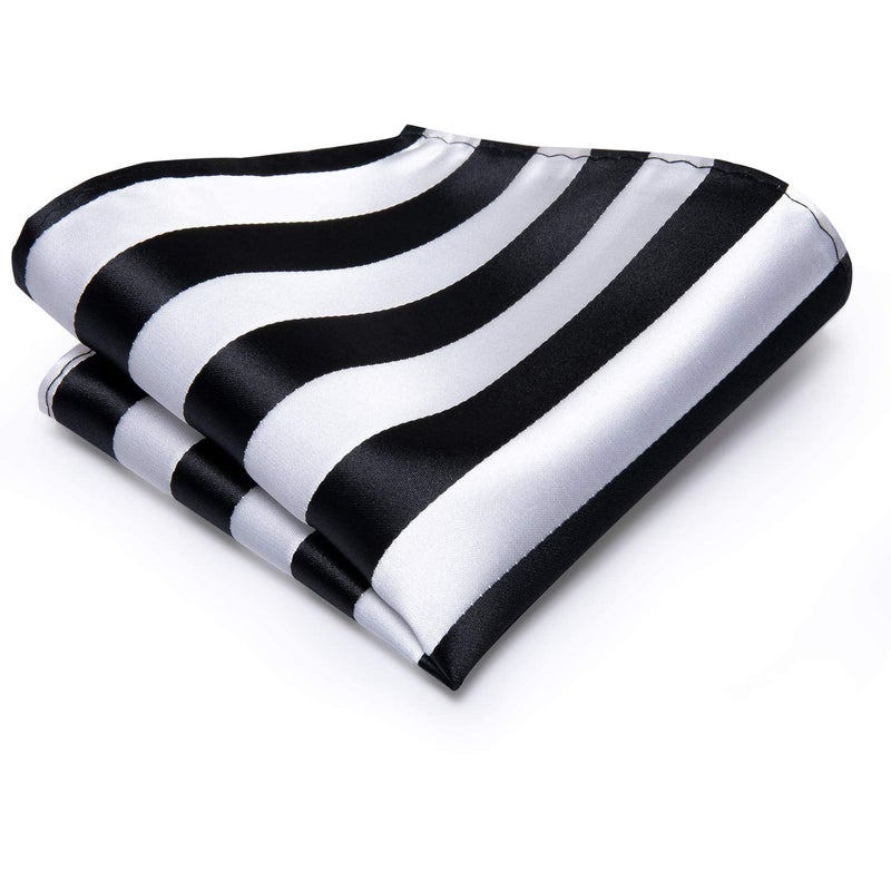 Hi-Tie Silk Ties for Men Plaid Paisley Striped Necktie Pocket Square Cufflinks Set Formal Business,Black White Striped - Image 5
